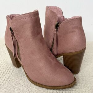 Top Moda Pink Ankle Boots Faux Suede Block Heel Almond Toe Size 6.5